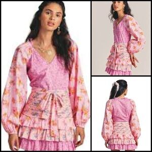 For Love Bell Long Sleeve Floral Dress Layered Ruffle V Neck Boho Cottage Mini S